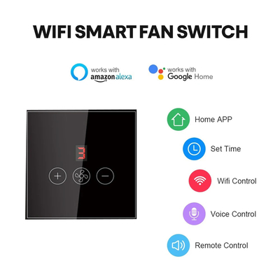 Glomarket Tuya Interruptor de ventilador de techo Wifi inteligente Eu Aplicación de pared de vidrio táctil estándar Control remoto Interruptor de velocidad de ventilador eléctrico