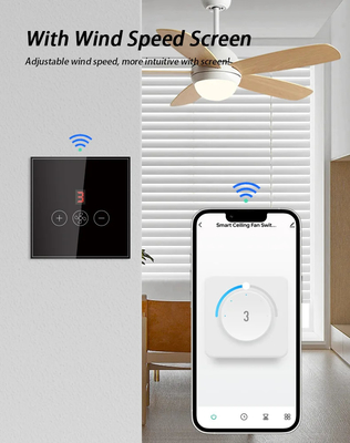 Glomarket Tuya Interruptor de ventilador de techo Wifi inteligente Eu Aplicación de pared de vidrio táctil estándar Control remoto Interruptor de velocidad de ventilador eléctrico