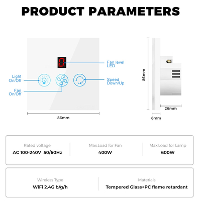 Glomarket Tuya Wifi Fan Light Switch Toque 3 en 1 Switch 5 ajuste de velocidad Switch de ventilador de techo para Alexa Google Home