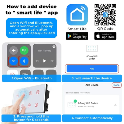 Glomarket Smart Home 8 Gang Switch de pared estándar de EE.UU. Tuya APP de voz de control remoto de pared inalámbrica toque de luz