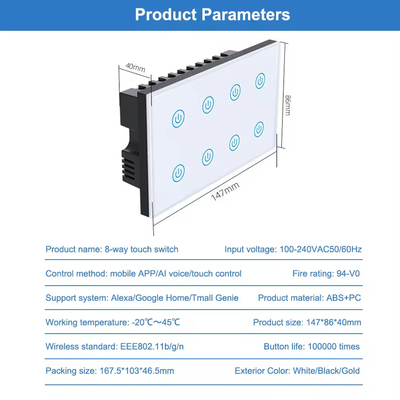 Glomarket Smart Home 8 Gang Switch de pared estándar de EE.UU. Tuya APP de voz de control remoto de pared inalámbrica toque de luz