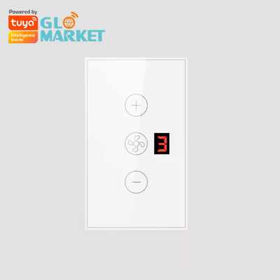 Glomarket Tuya Aplicación de control de voz remoto pantalla Nivel 5 Velocidad del viento EE.UU. Wifi estándar ventilador de techo de vidrio toque de pared